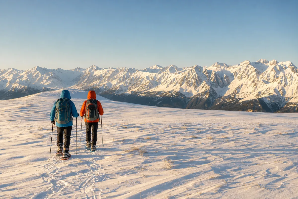 Deux marcheurs de dos progressant en raquettes sur un plateau enneigé face aux crêtes des Alpes