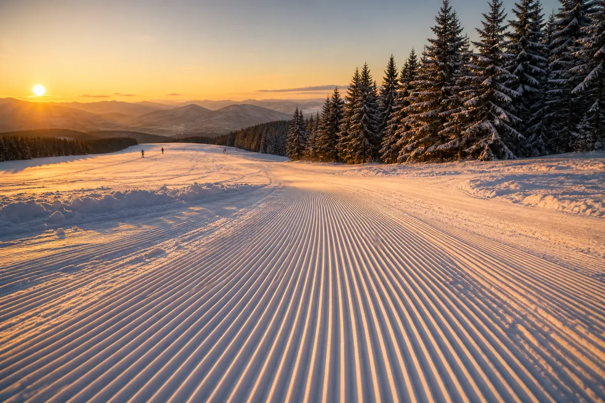 Pistes damées d&rsquo;un petit domaine skiable des Bauges en fin de journée d&rsquo;hiver