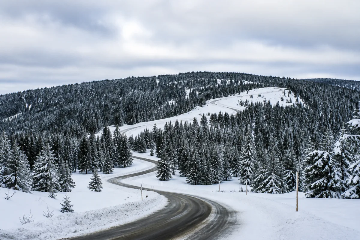 Route de montagne enneigée serpentant vers un plateau boisé du massif des Bauges