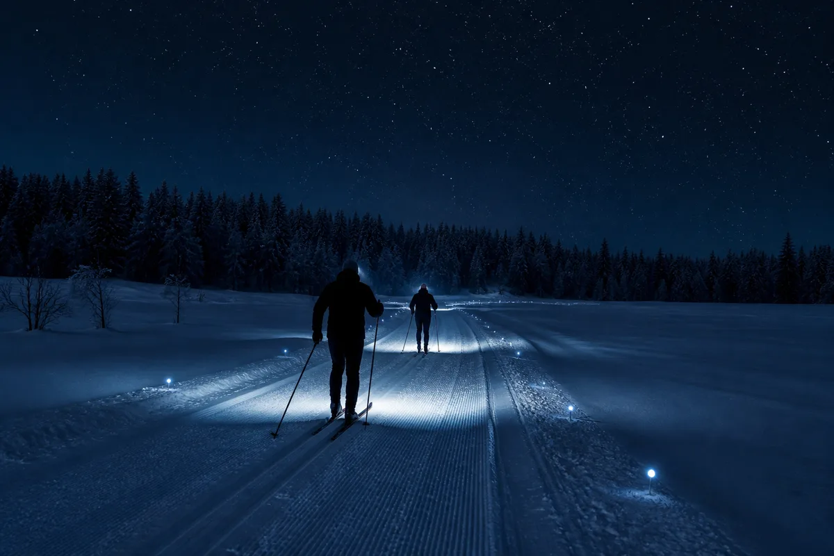 Skieurs de fond en soirée sur une piste balisée éclairée par des frontales