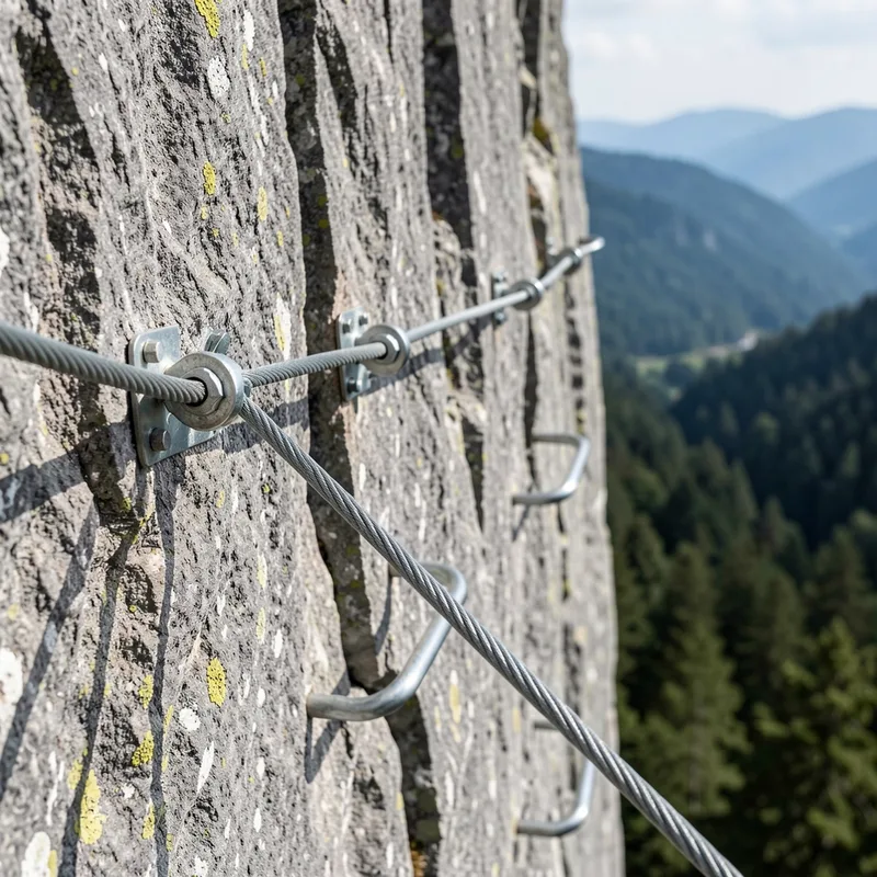 Câble d&rsquo;acier et barreaux métalliques fixés dans une paroi calcaire verticale des Alpes