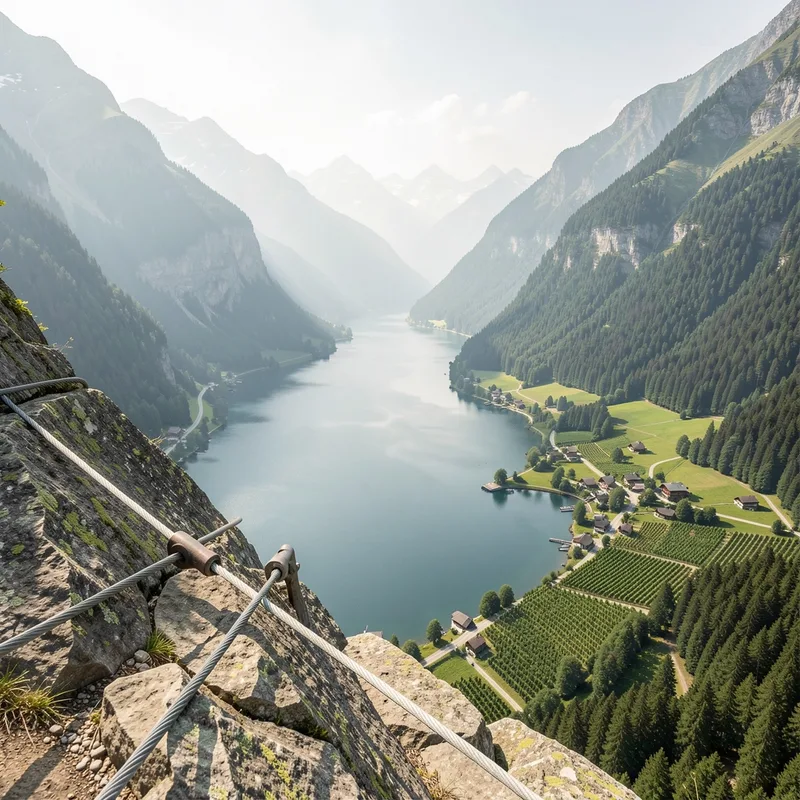 Vue plongeante sur le lac du Bourget depuis une vire rocheuse équipée au-dessus de Bourdeau