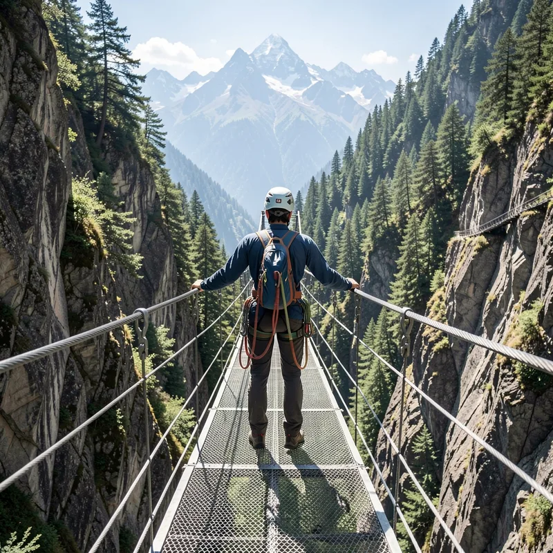 Randonneur en baudrier et casque franchissant une passerelle népalaise au-dessus d&rsquo;un vallon alpin