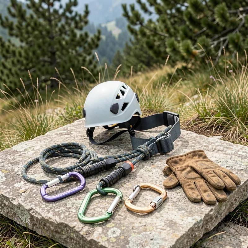 Kit de via ferrata posé sur le rocher, longe à absorbeur, casque et gants de cuir